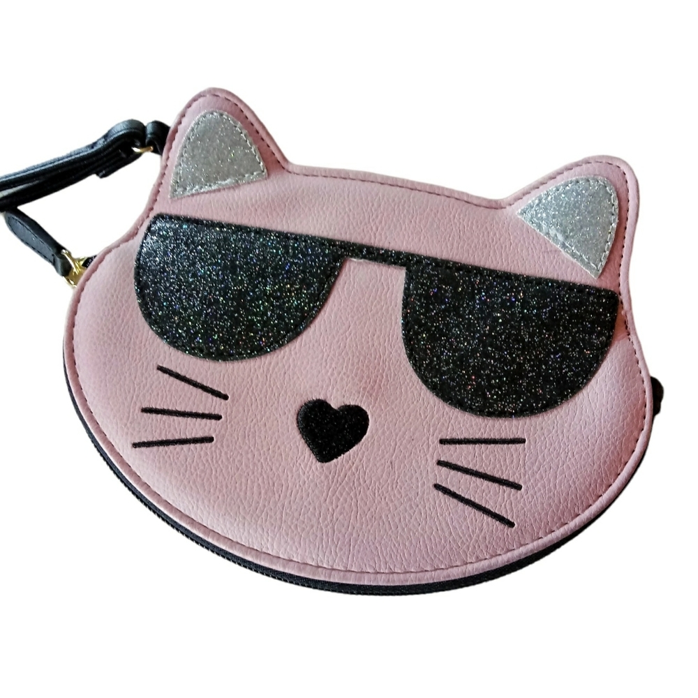 SALE NWT BETSEY JOHNSON Pink Cat Coin Purse Glitter Whimsical Kitty Retr…